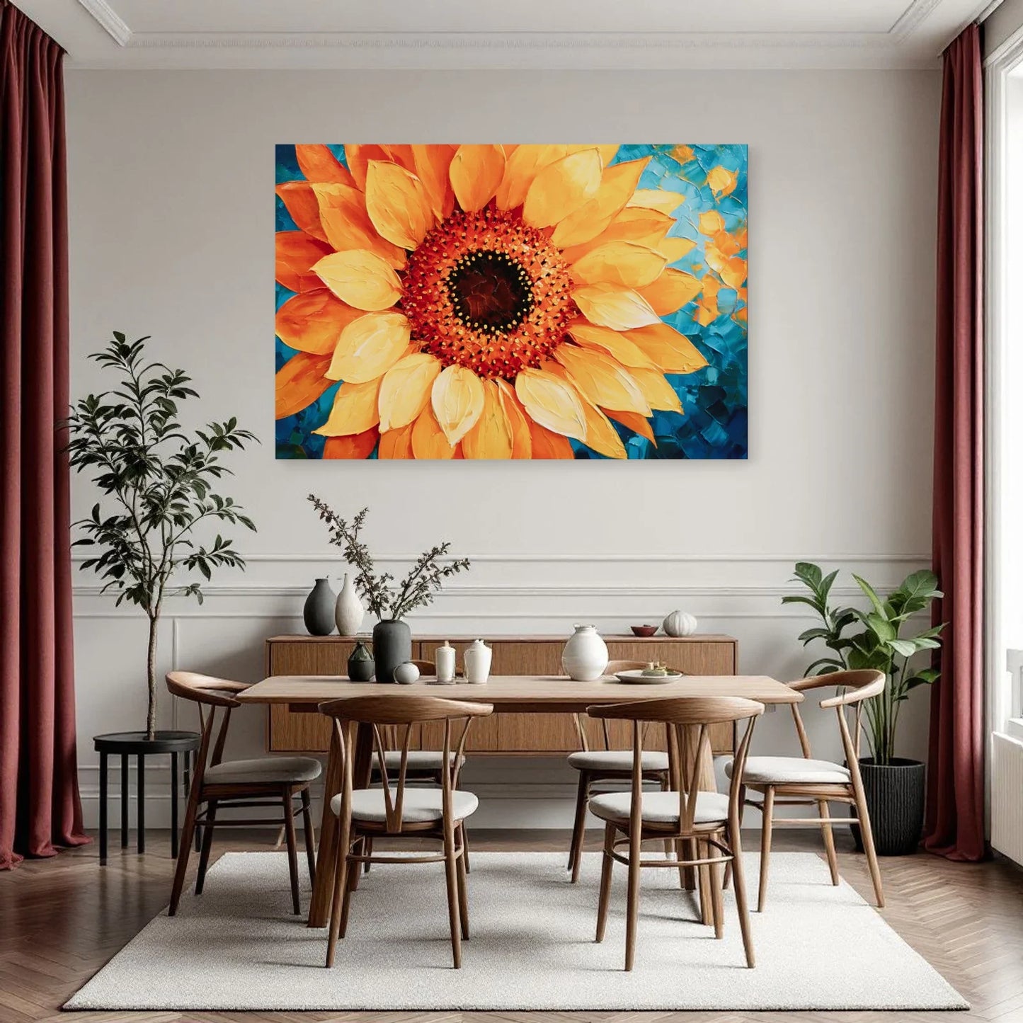 Tableau de tournesol jaune en gros plan installé dans une cuisine moderne par Art Virtuoso