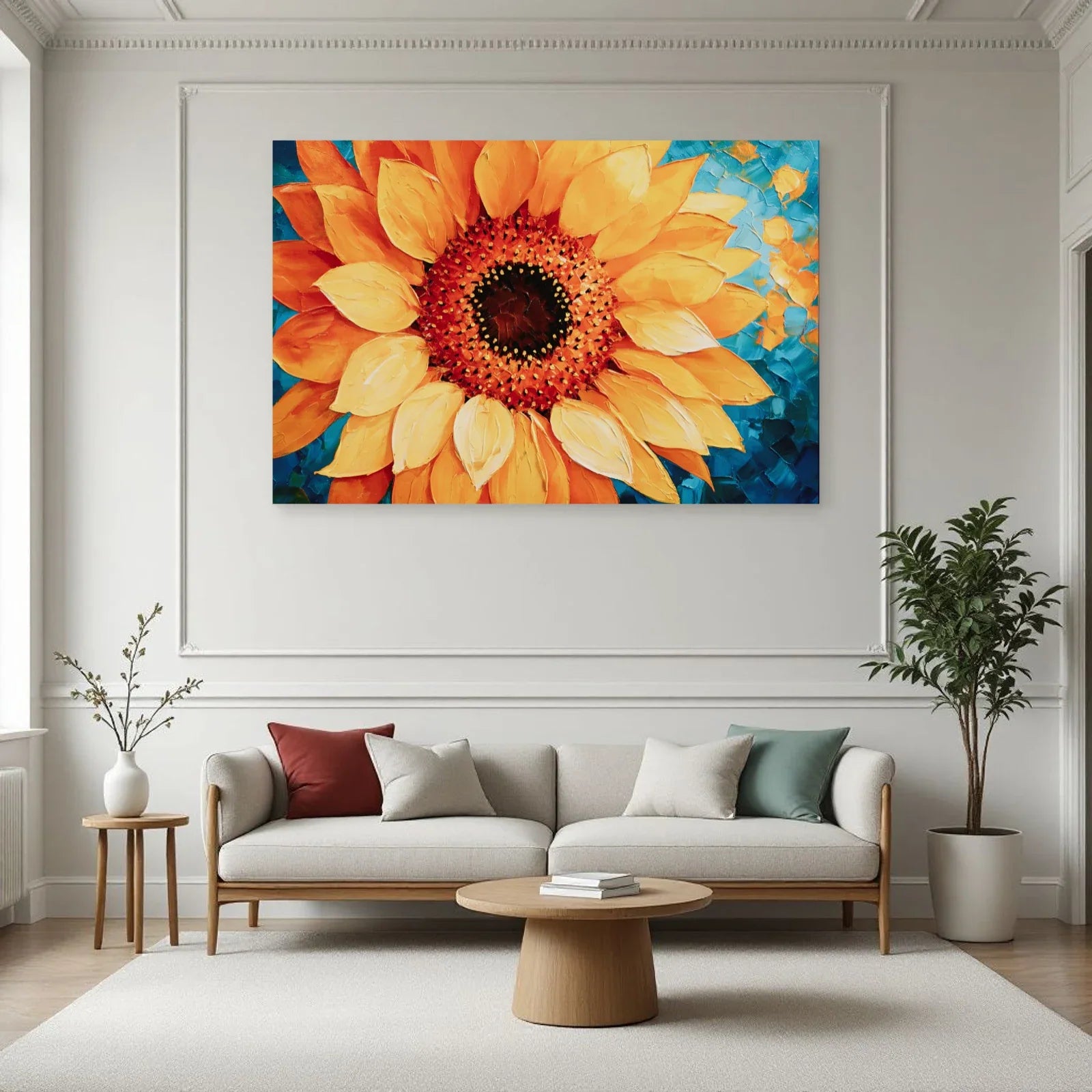Tableau tournesol jaune gros plan présenté sur un mur de salon par Art Virtuoso