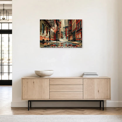 Tableau urbain aux reflets sur chaussée humide accroché dans une entrée