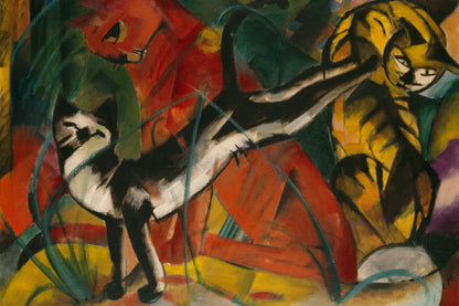 Chats noir blanc et jaune sur fond rouge – toile format M