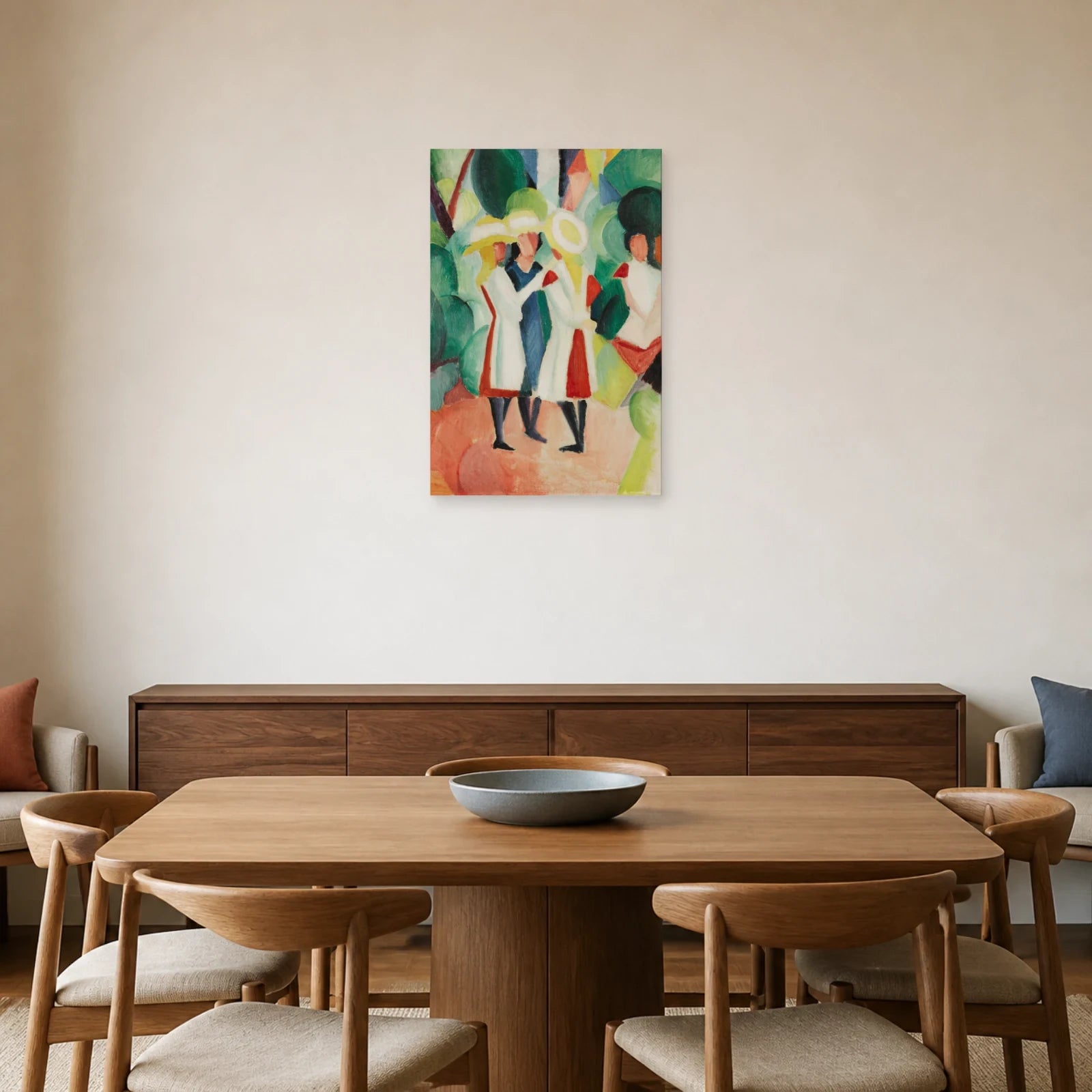 Tableau Trois jeunes filles aux chapeaux de paille jaunes I – August Macke dans une salle à manger - Art Virtuoso