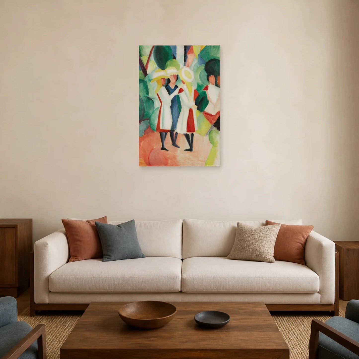 Tableau Trois jeunes filles aux chapeaux de paille jaunes I – August Macke dans un salon - Art Virtuoso