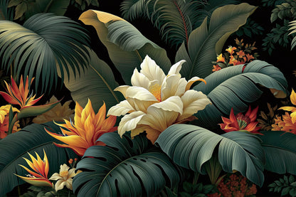Tableau Tropical Abstrait Feuilles - feuilles tropicales abstraites avec fleurs claires et touches orangees - format M