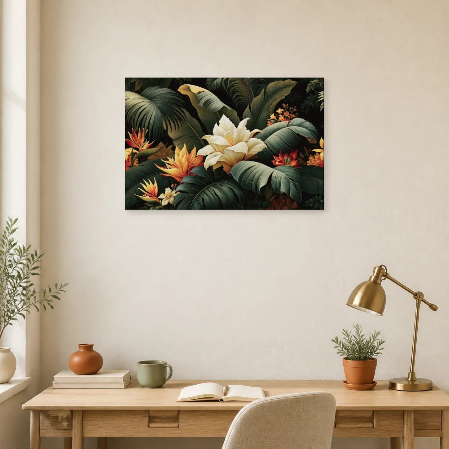 Tableau Tropical Abstrait Feuilles dans un bureau elegant