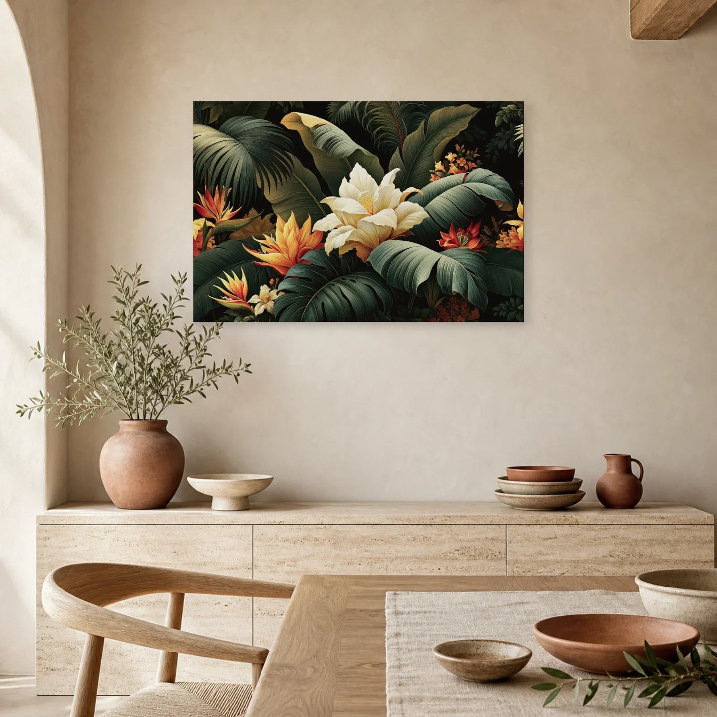 Tableau Tropical Abstrait Feuilles dans une salle a manger lumineuse