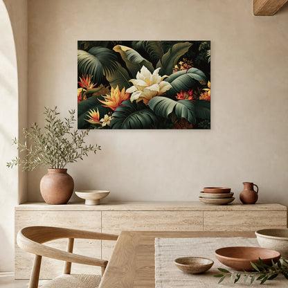 Tableau Tropical Abstrait Feuilles dans une salle a manger lumineuse