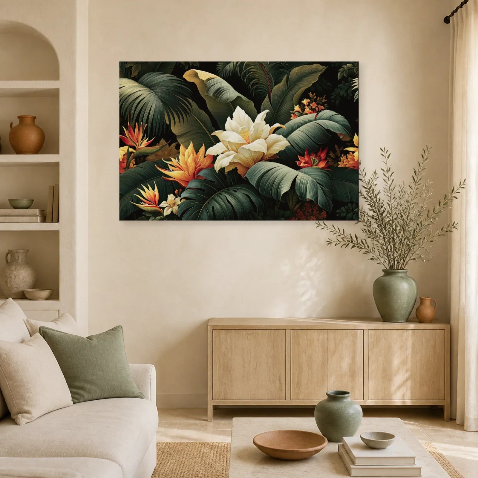 Tableau Tropical Abstrait Feuilles dans un salon contemporain