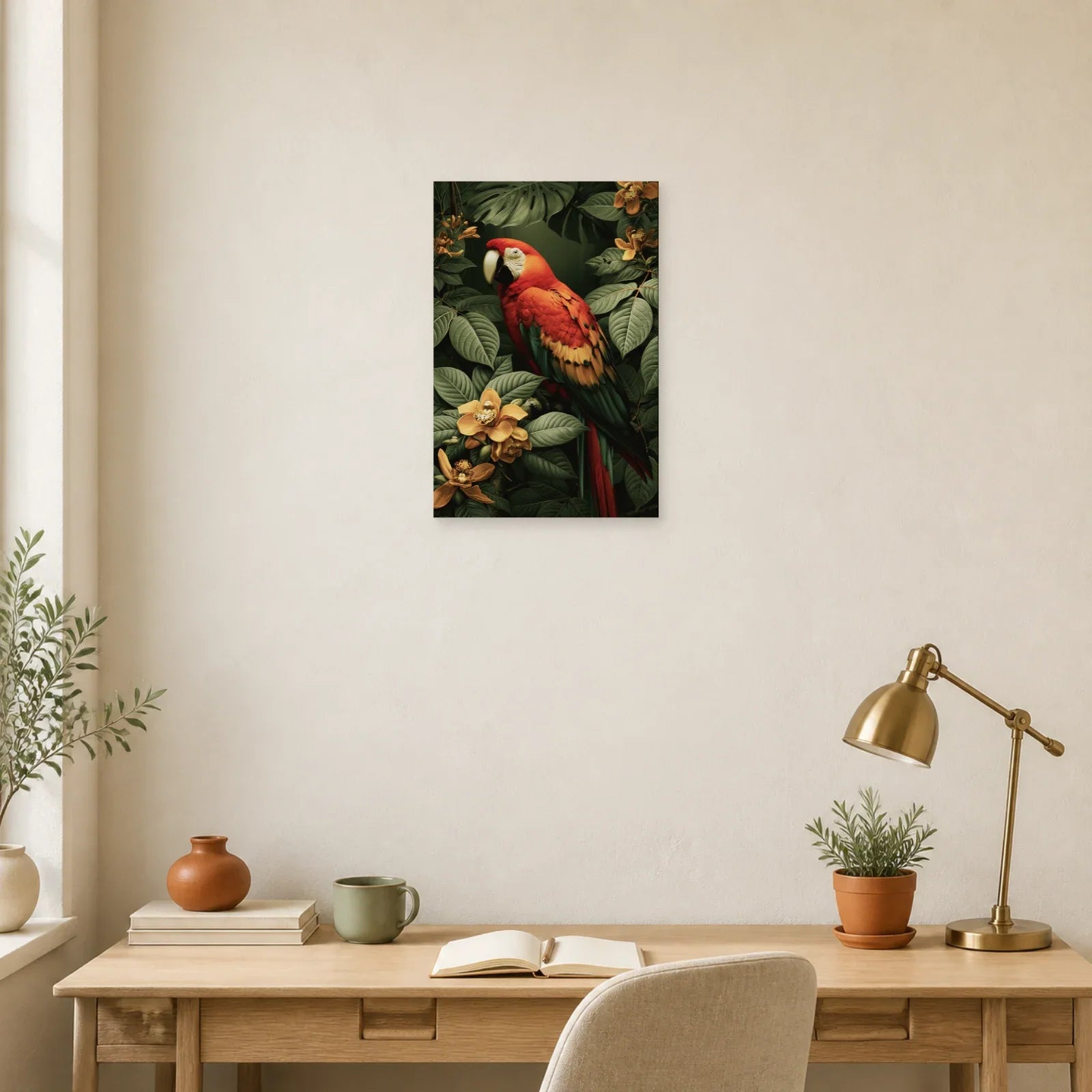 Tableau Tropical Ara Rouge Canopée dans un bureau elegant