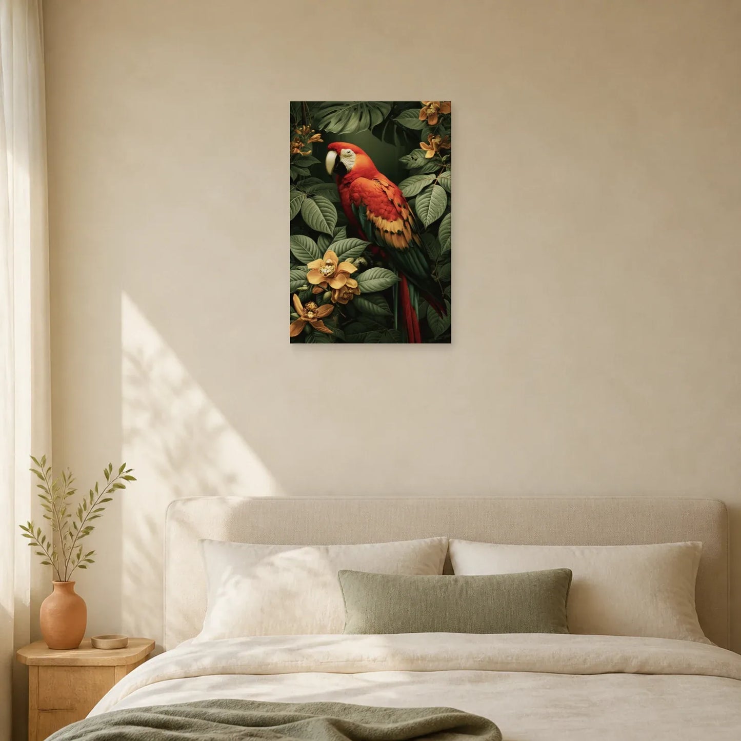Tableau Tropical Ara Rouge Canopée dans une chambre apaisante