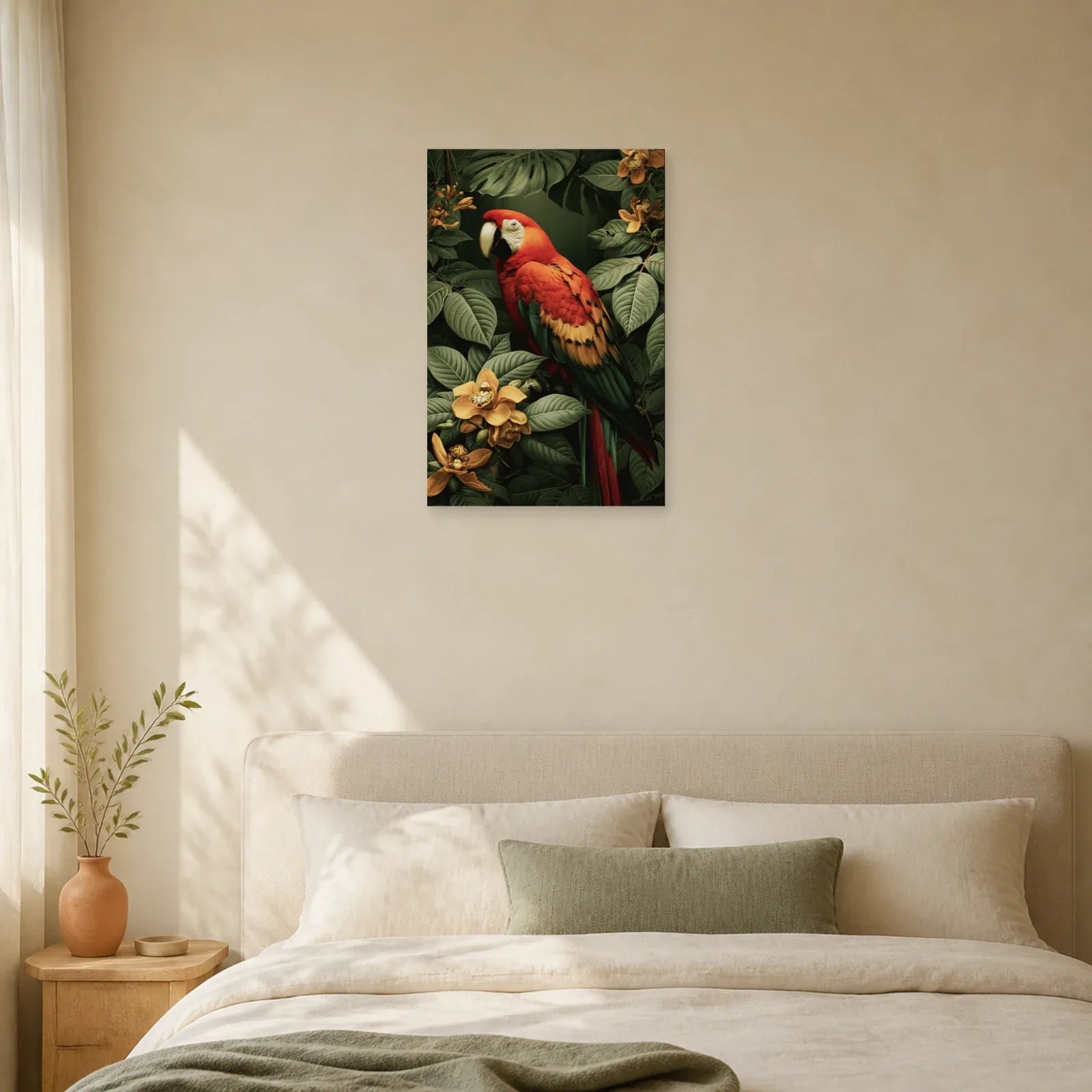 Tableau Tropical Ara Rouge Canopée dans une chambre apaisante