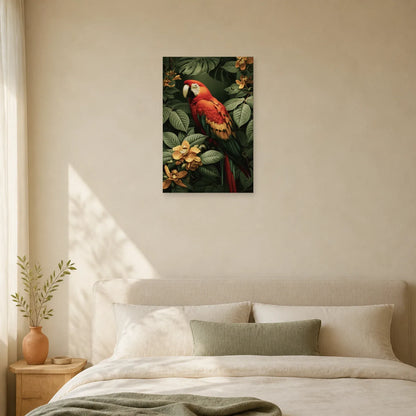 Tableau Tropical Ara Rouge Canopée dans une chambre apaisante