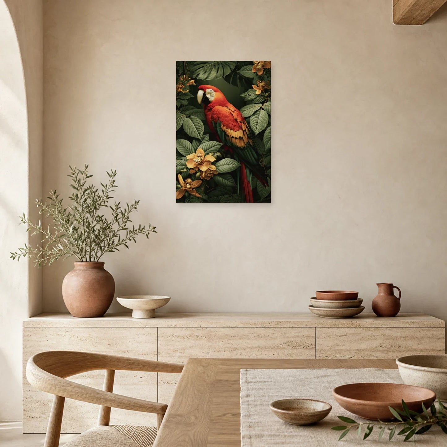 Tableau Tropical Ara Rouge Canopée dans une salle a manger lumineuse