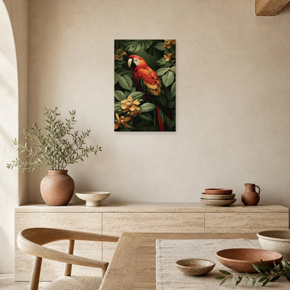 Tableau Tropical Ara Rouge Canopée dans une salle a manger lumineuse