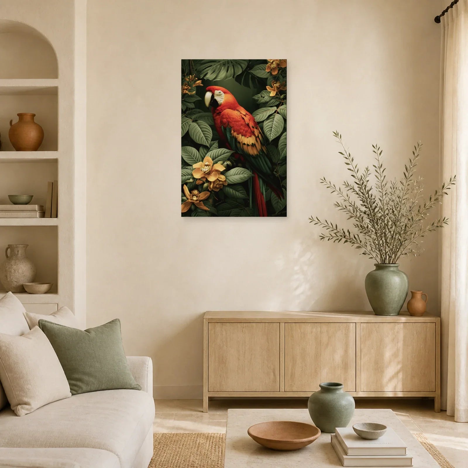Tableau Tropical Ara Rouge Canopée dans un salon contemporain