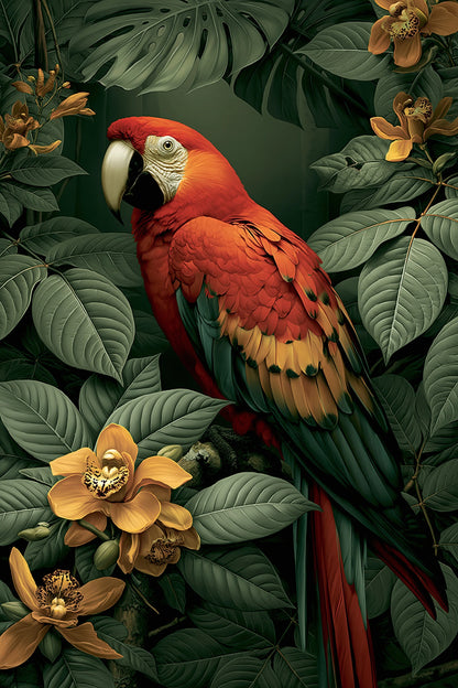 Tableau Tropical Ara Rouge Canopée - ara rouge dans une canopee tropicale profonde - format S