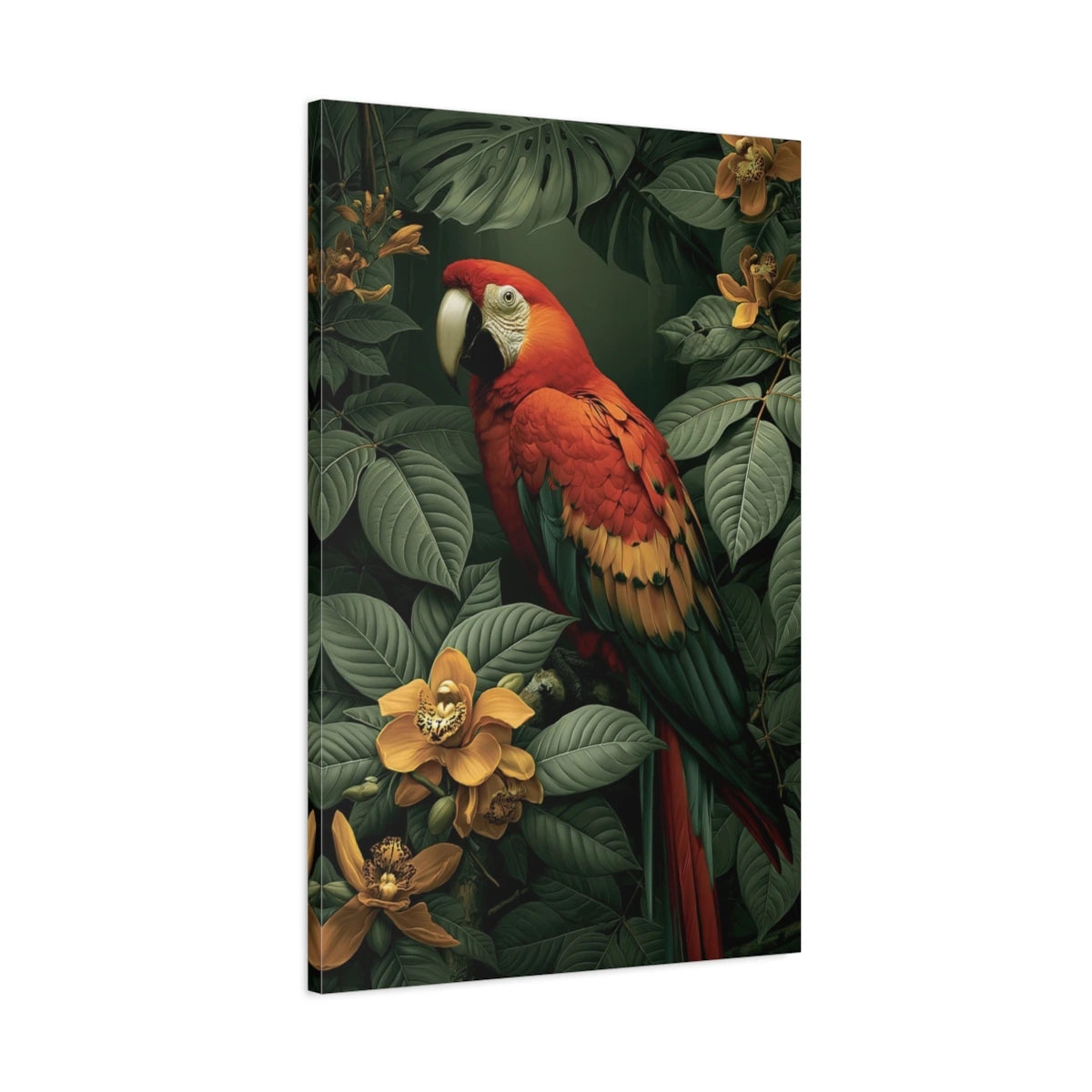 Tableau Tropical Ara Rouge Canopée - toile 3D avec bords imprimes visibles