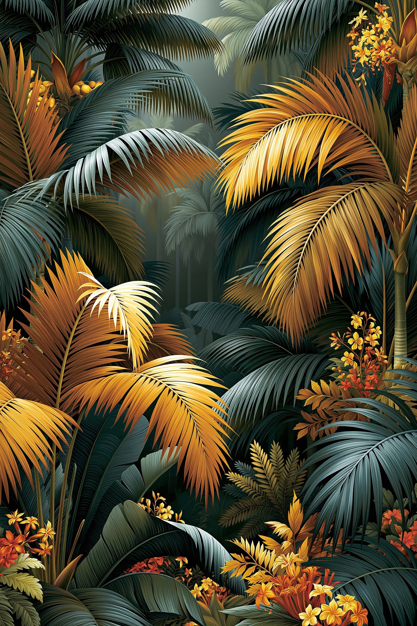Tableau Tropical Déco Murale Palmiers Sombres - palmiers sombres decoratifs aux tons verts, bleutes et dores - format L