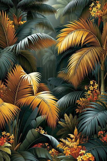 Tableau Tropical Déco Murale Palmiers Sombres - palmiers sombres decoratifs aux tons verts, bleutes et dores - format L