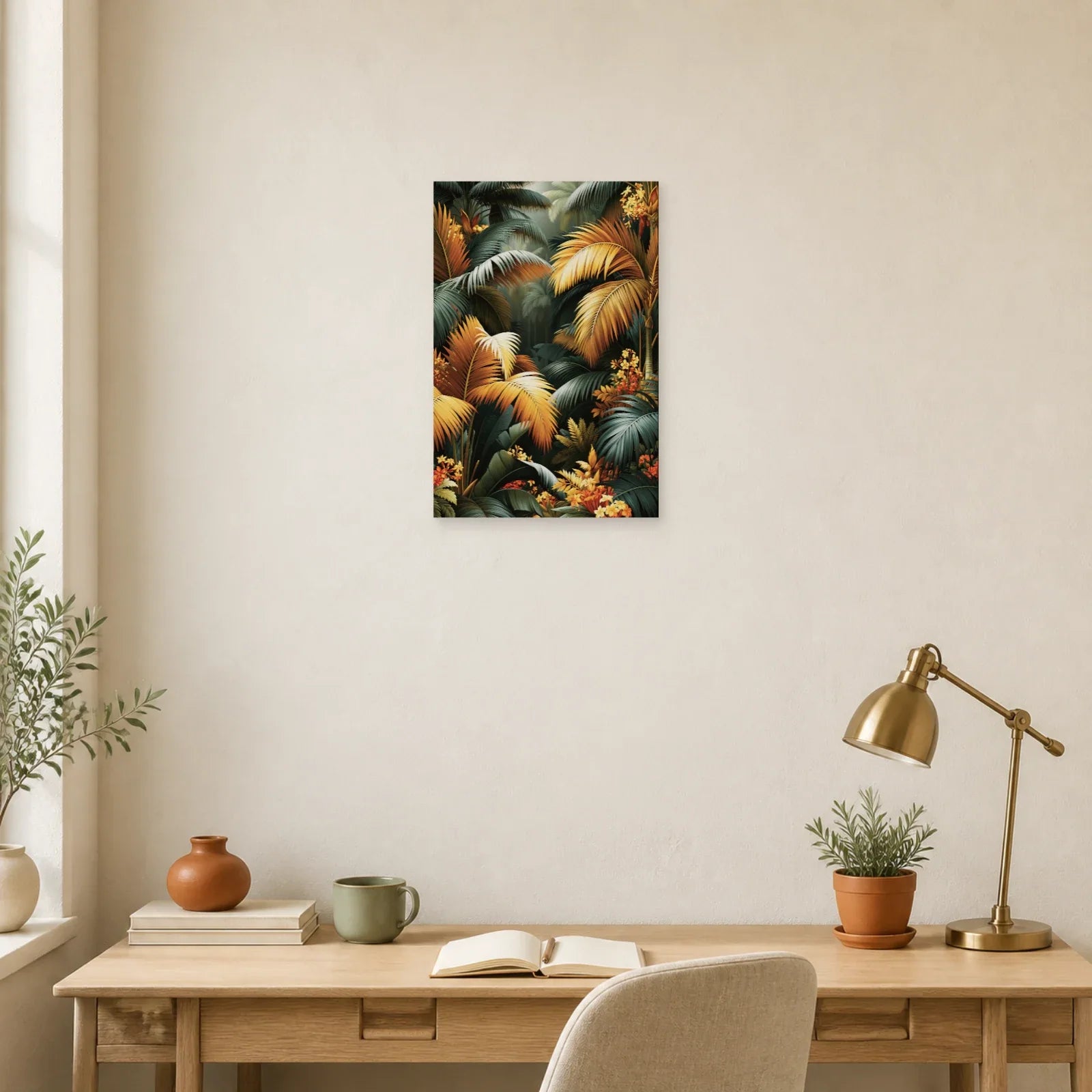 Tableau Tropical Déco Murale Palmiers Sombres dans un bureau elegant