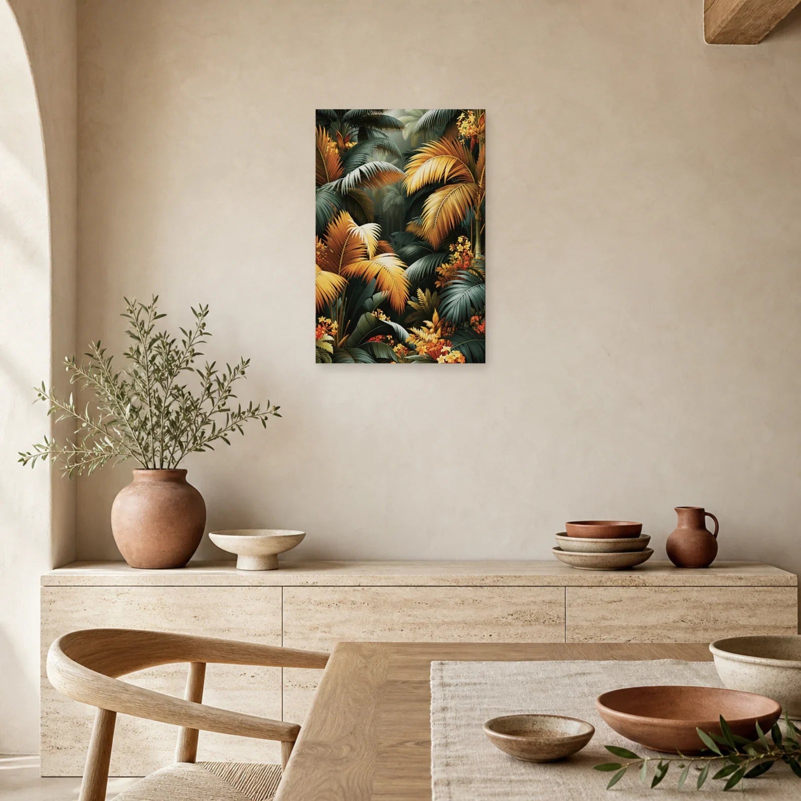 Tableau Tropical Déco Murale Palmiers Sombres dans une salle a manger lumineuse