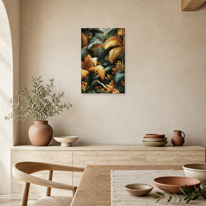 Tableau Tropical Déco Murale Palmiers Sombres dans une salle a manger lumineuse