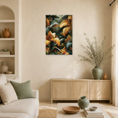 Tableau Tropical Déco Murale Palmiers Sombres dans un salon contemporain