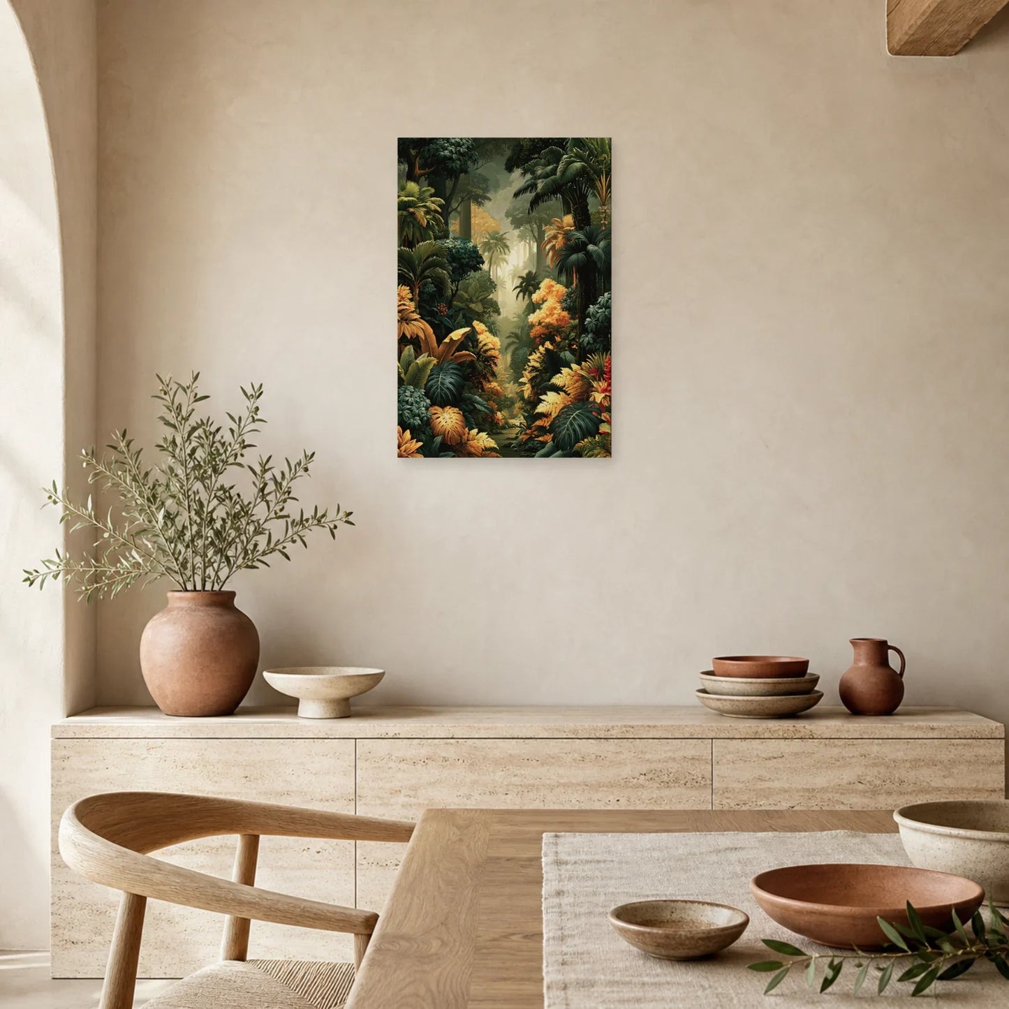 Tableau Tropical Exotique Feuillage Luxe dans une salle a manger lumineuse