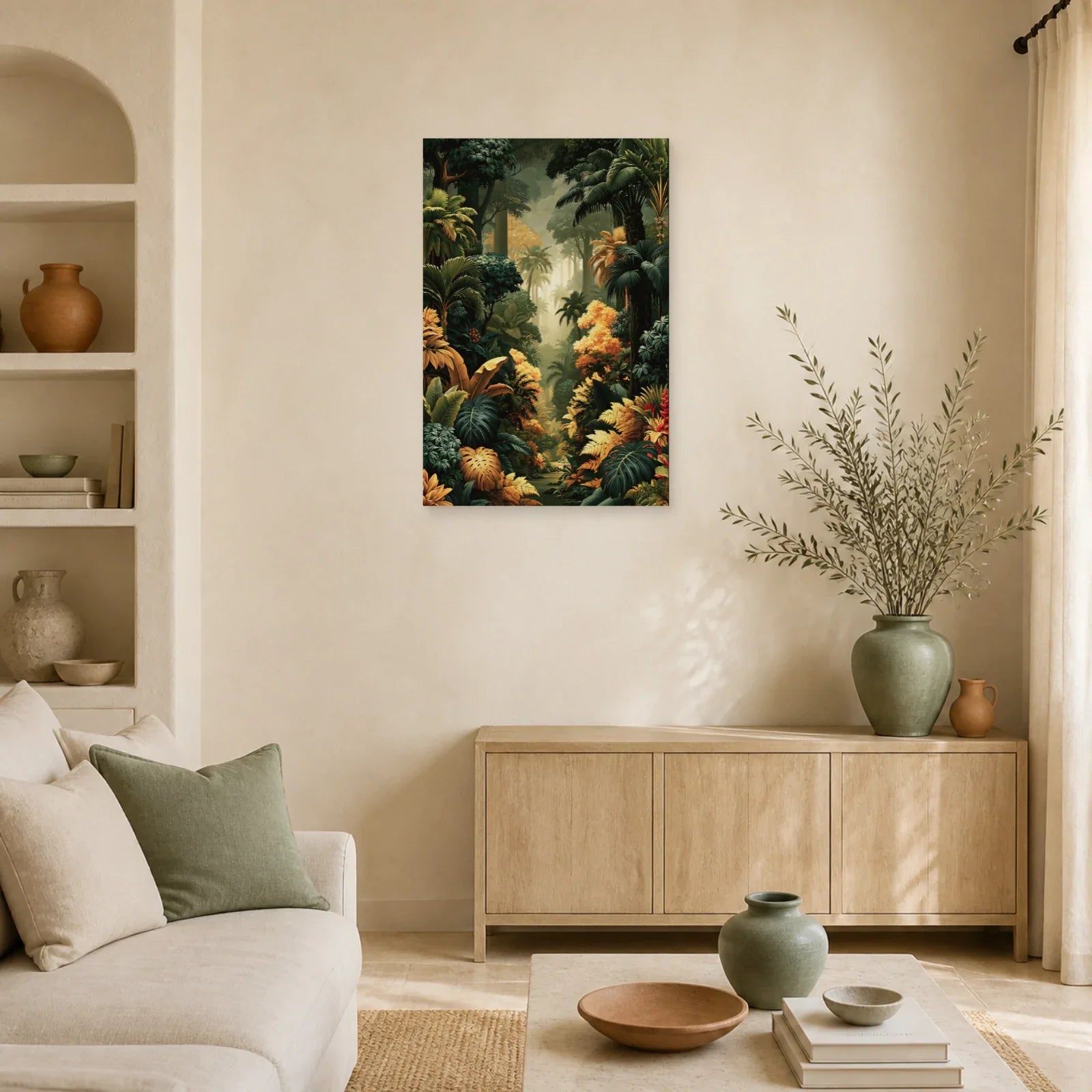 Tableau Tropical Exotique Feuillage Luxe dans un salon contemporain