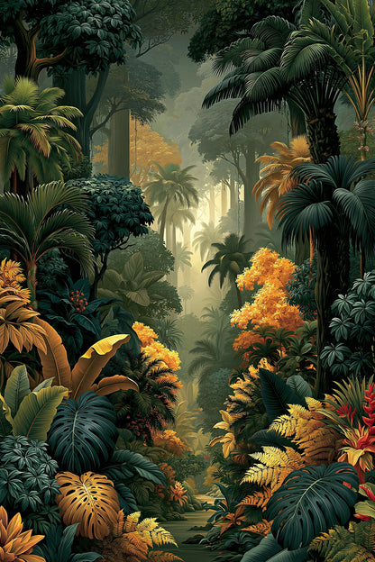 Tableau Tropical Exotique Feuillage Luxe - feuillage exotique luxe avec fleurs chaudes et lumiere filtree - format S