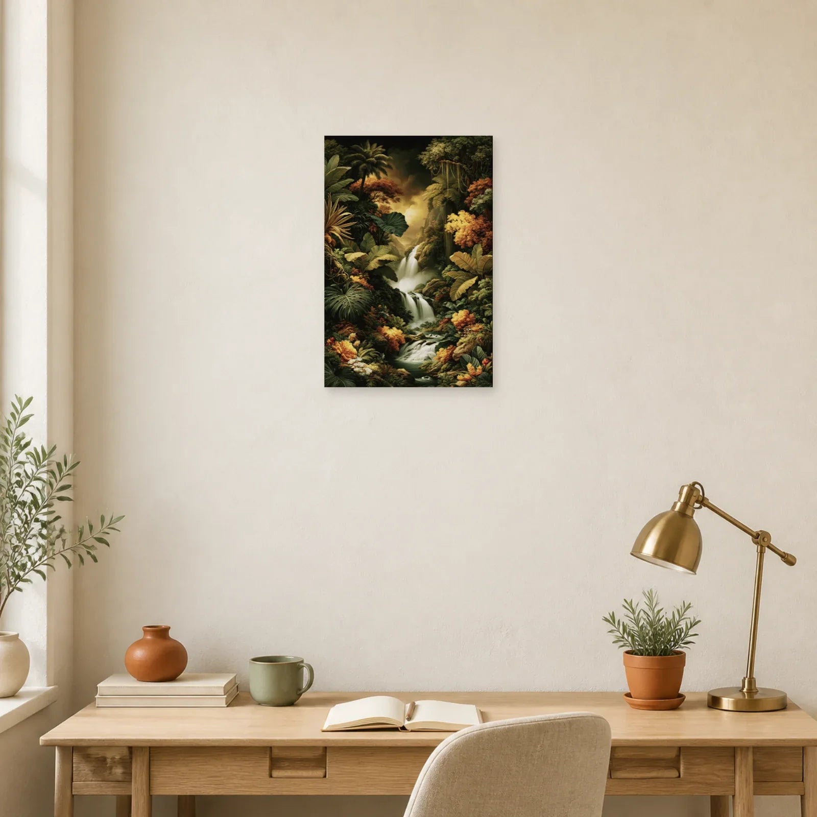 Tableau Tropical Jungle Cascade dans un bureau elegant