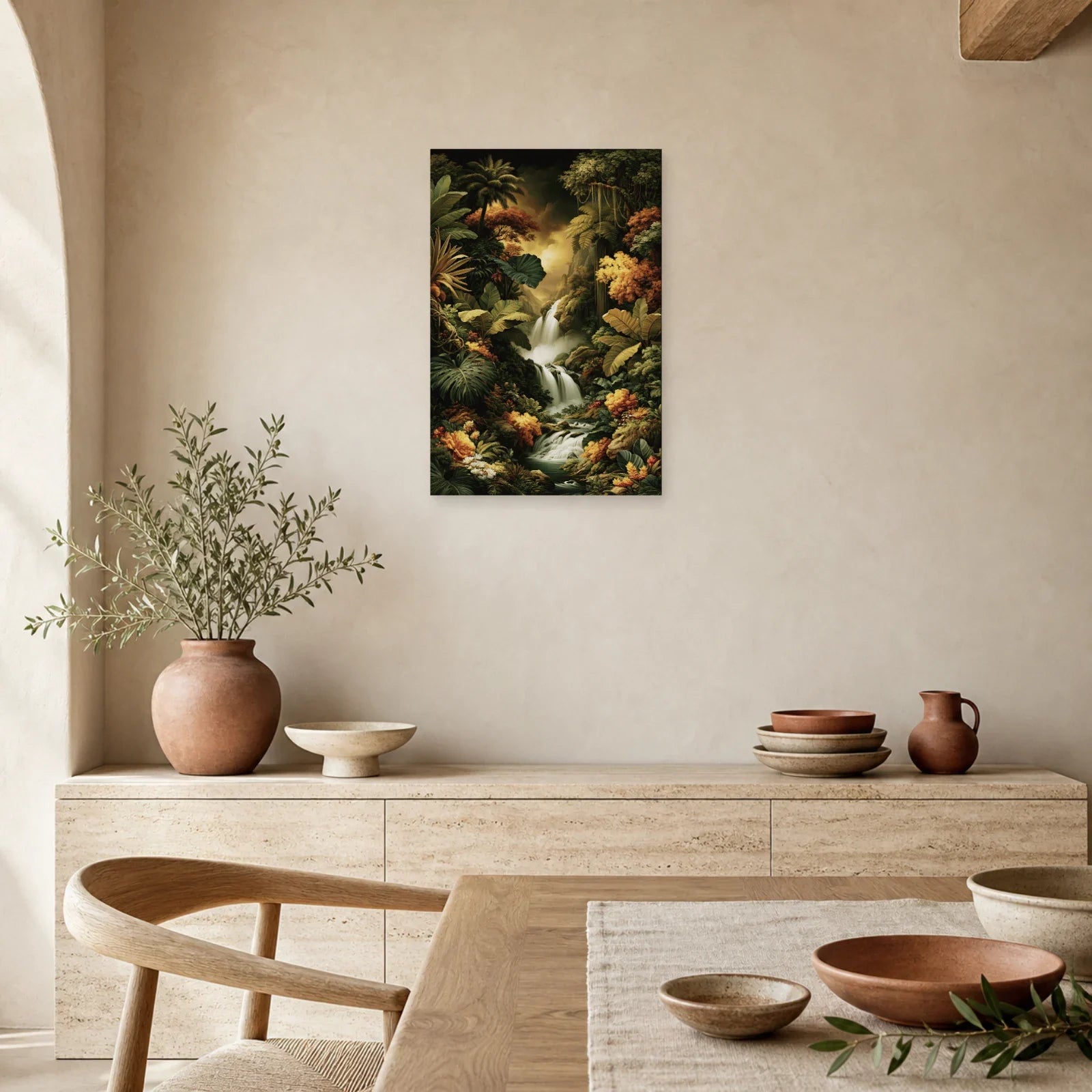 Tableau Tropical Jungle Cascade dans une salle a manger lumineuse