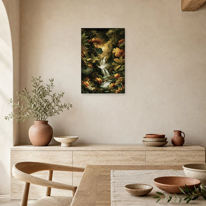 Tableau Tropical Jungle Cascade dans une salle a manger lumineuse