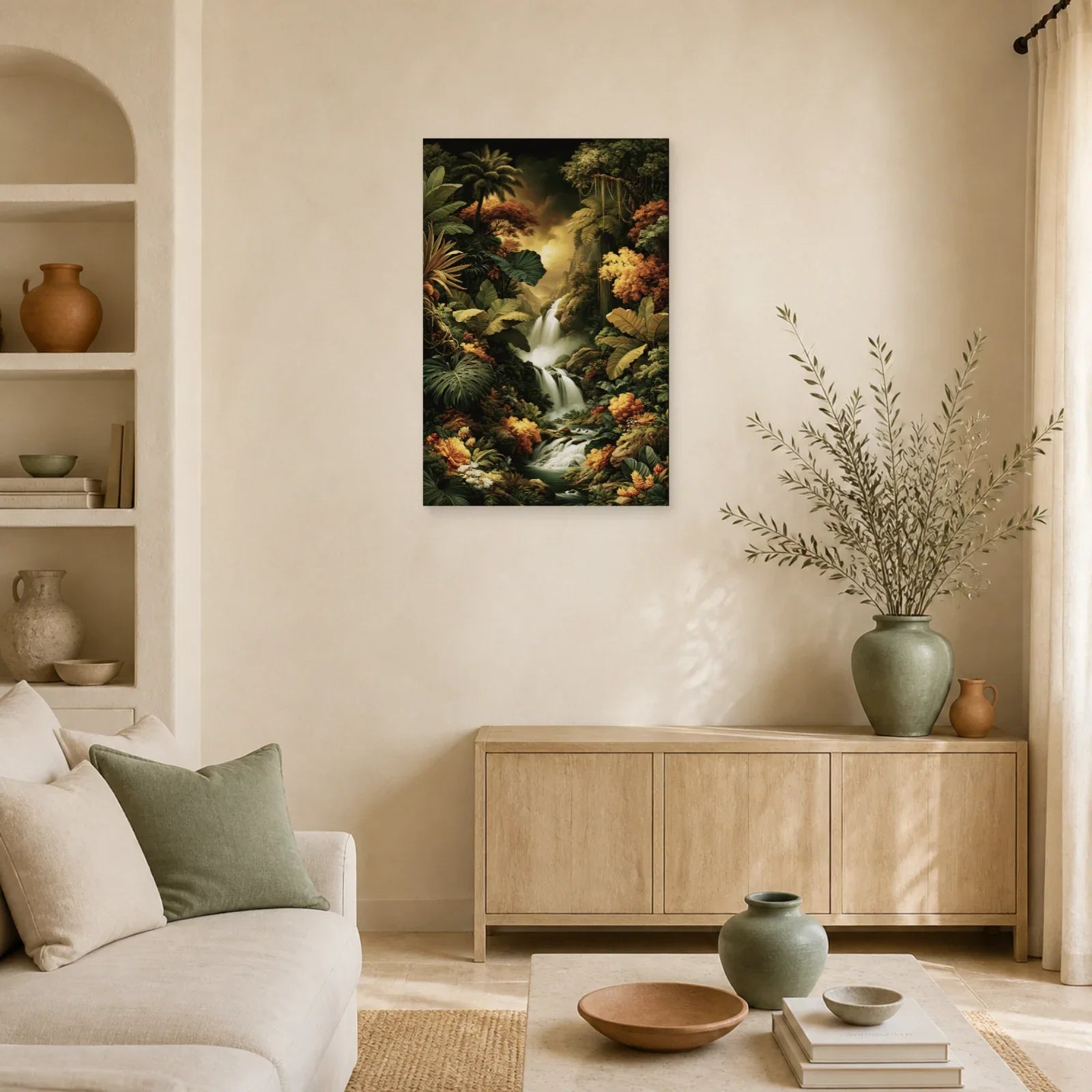 Tableau Tropical Jungle Cascade dans un salon contemporain