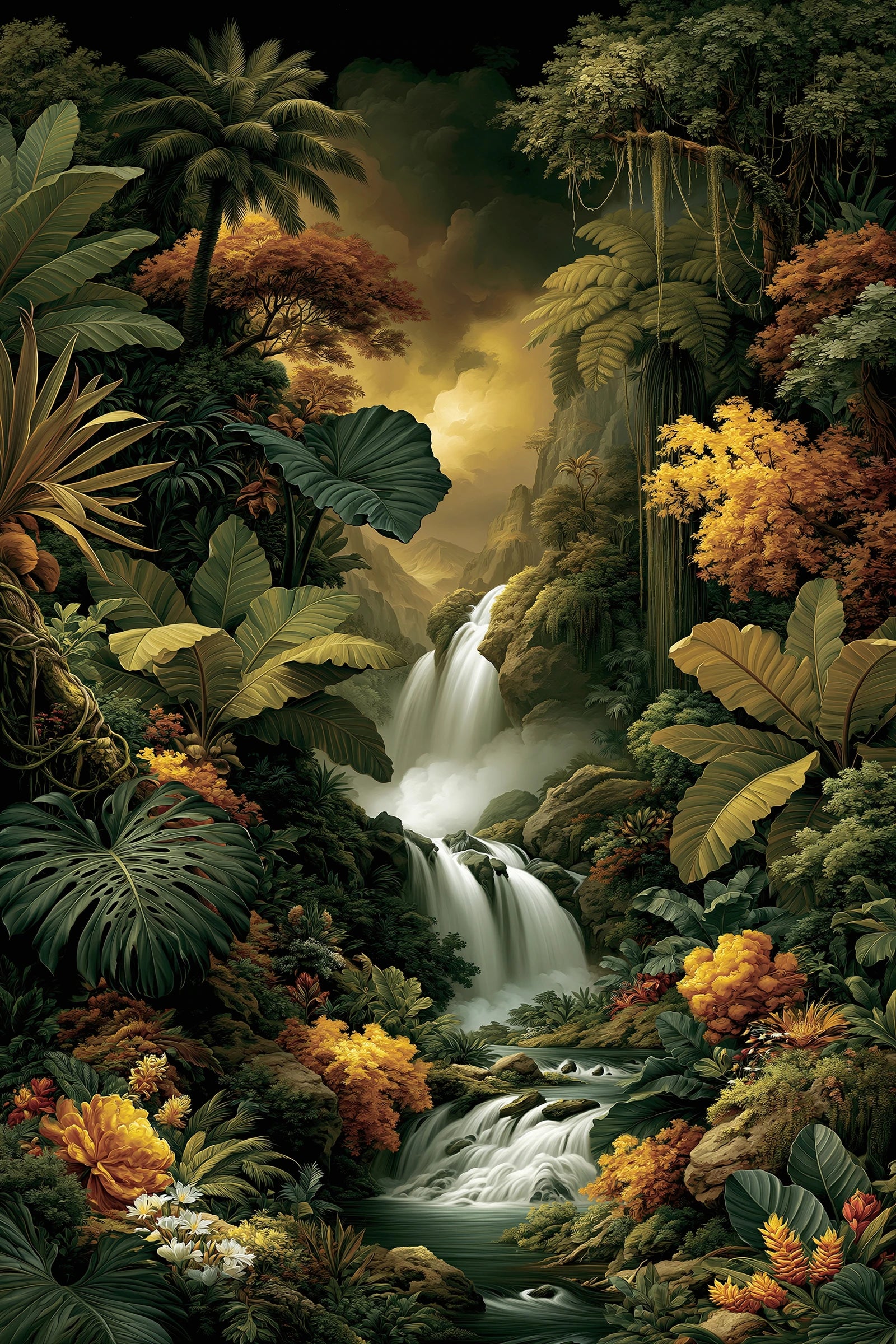 Tableau Tropical Jungle Cascade - cascade cachee dans une jungle tropicale lumineuse - format S
