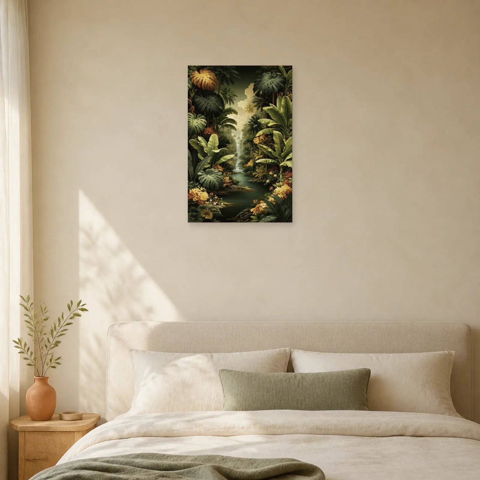 Tableau Tropical Jungle Feuilles Géantes dans une chambre apaisante