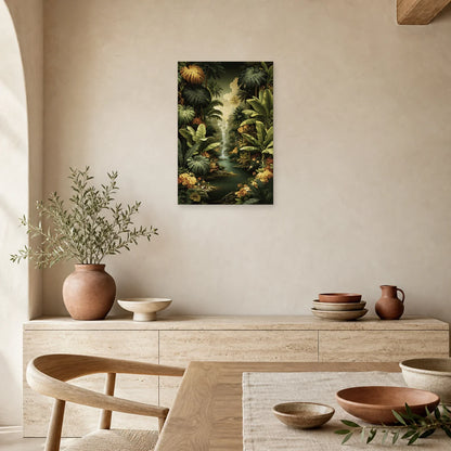 Tableau Tropical Jungle Feuilles Géantes dans une salle a manger lumineuse