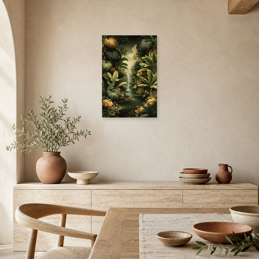 Tableau Tropical Jungle Feuilles Géantes dans une salle a manger lumineuse