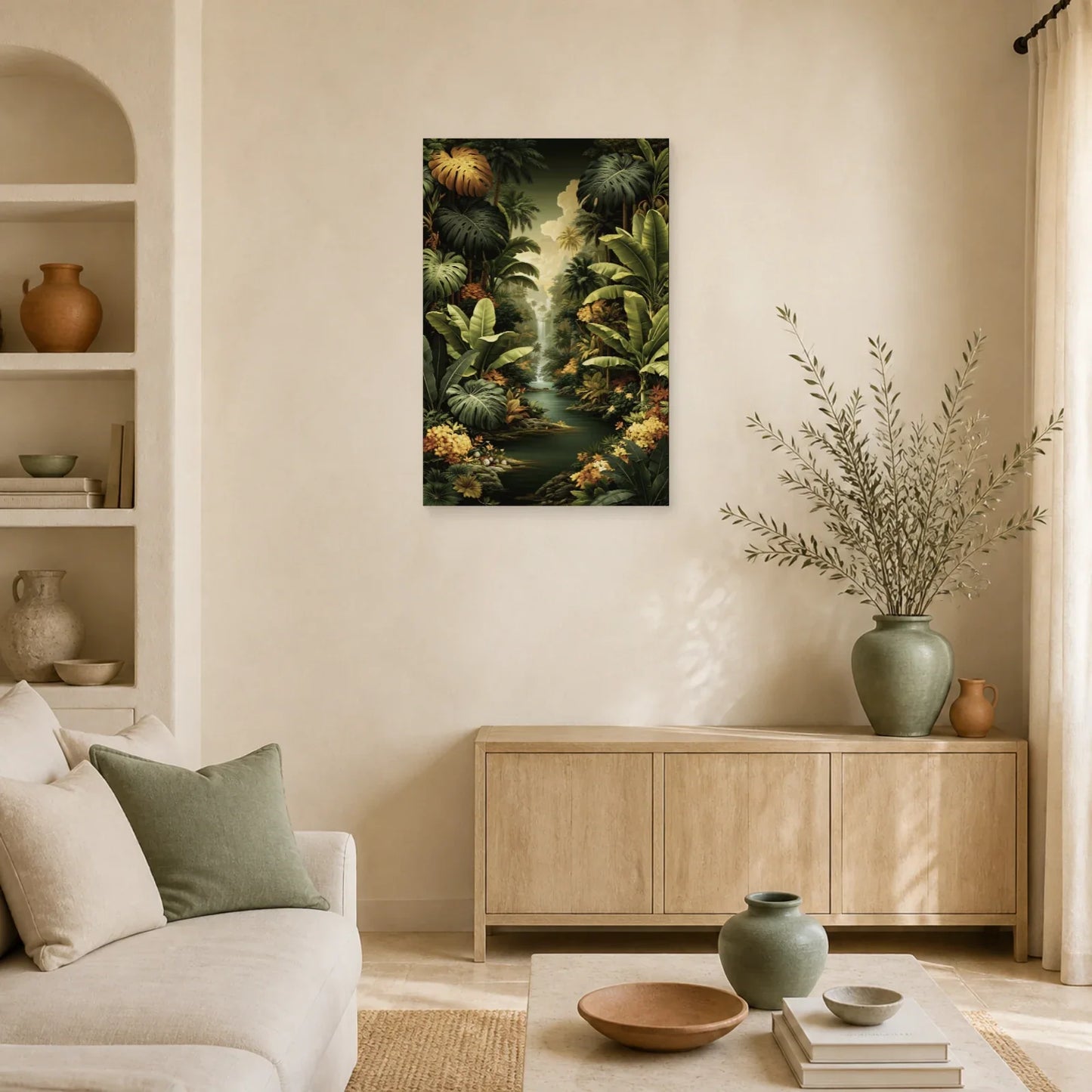 Tableau Tropical Jungle Feuilles Géantes dans un salon contemporain