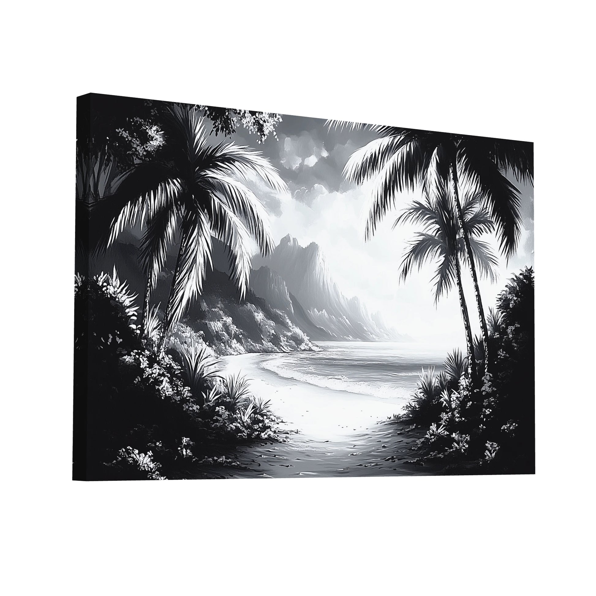 Product Hero 3D WebP Tableau Tropical Noir et Blanc : Hawaï Monochrome - Art Virtuoso