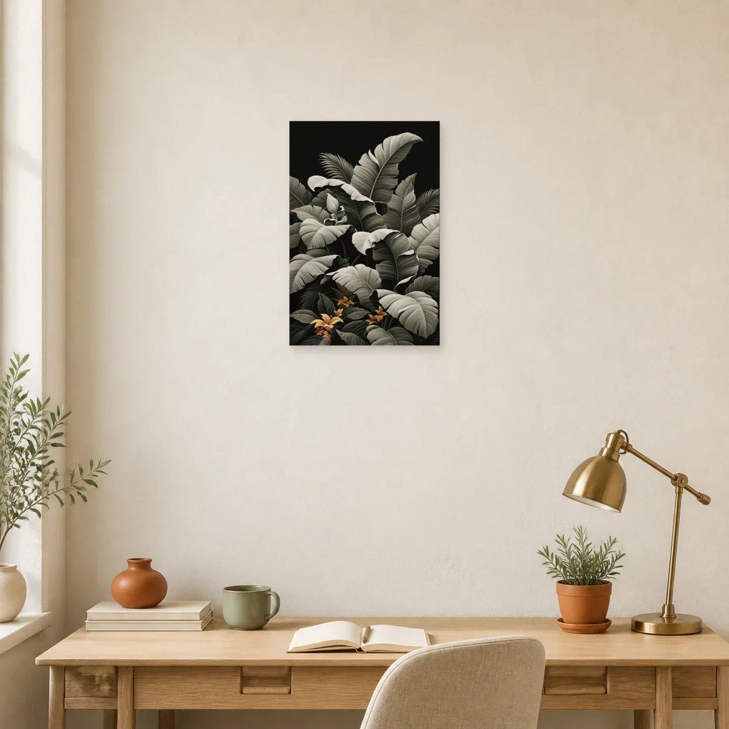 Tableau Tropical Palmes Monochrome dans un bureau elegant