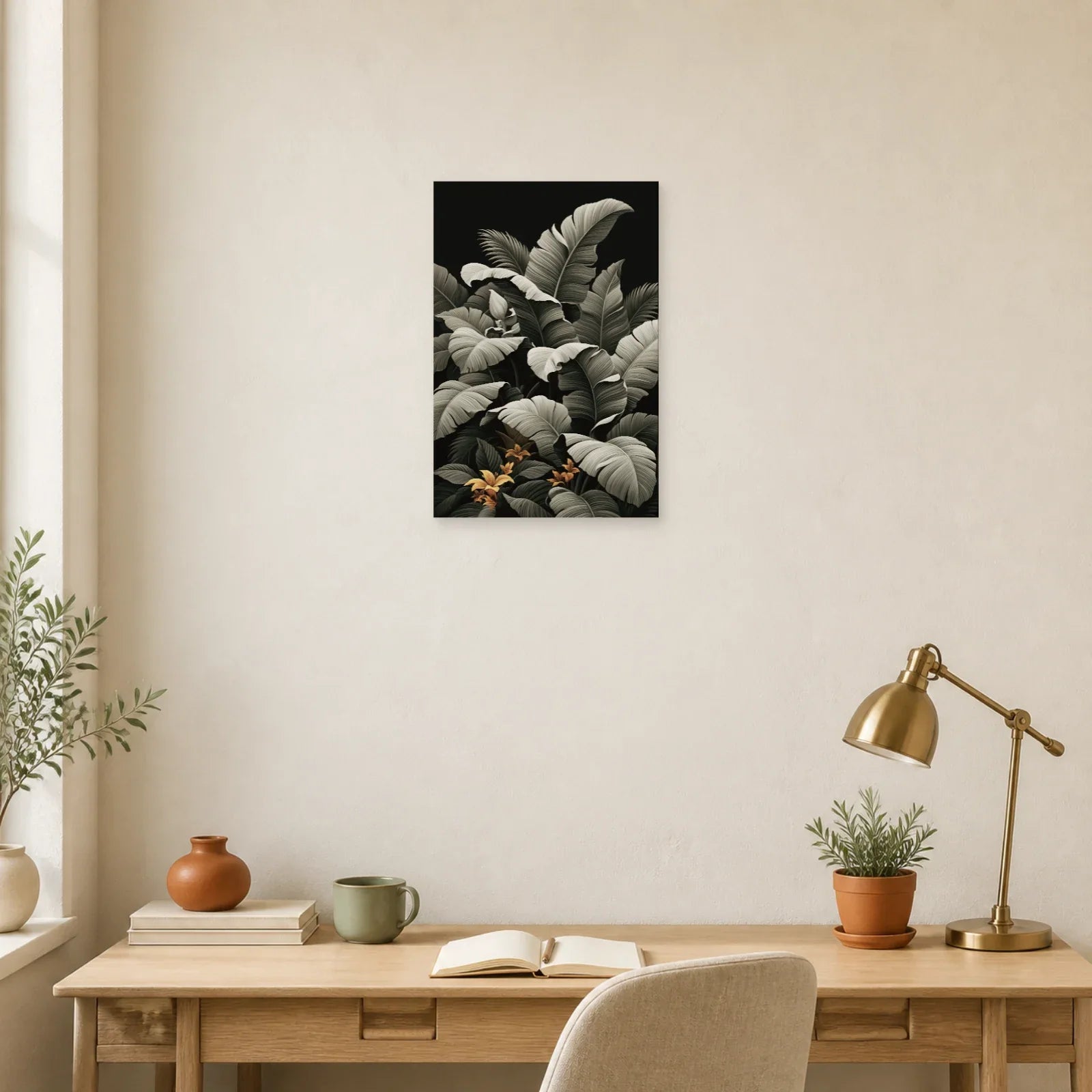 Tableau Tropical Palmes Monochrome dans un bureau elegant