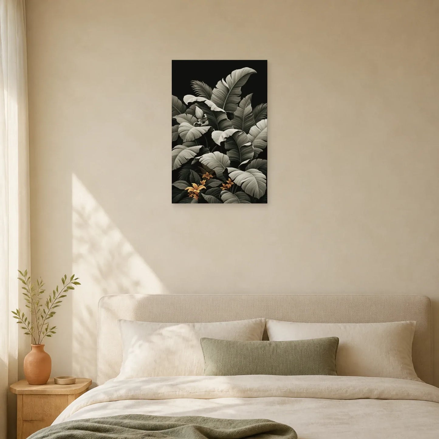 Tableau Tropical Palmes Monochrome dans une chambre apaisante