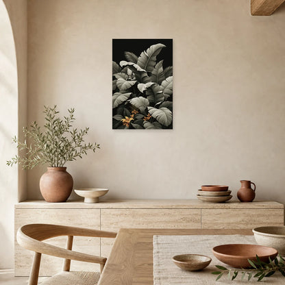 Tableau Tropical Palmes Monochrome dans une salle a manger lumineuse