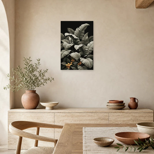 Tableau Tropical Palmes Monochrome dans une salle a manger lumineuse