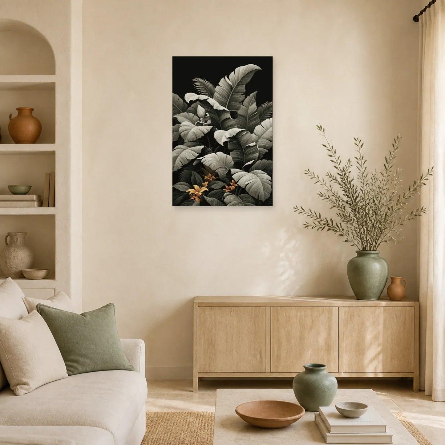 Tableau Tropical Palmes Monochrome dans un salon contemporain