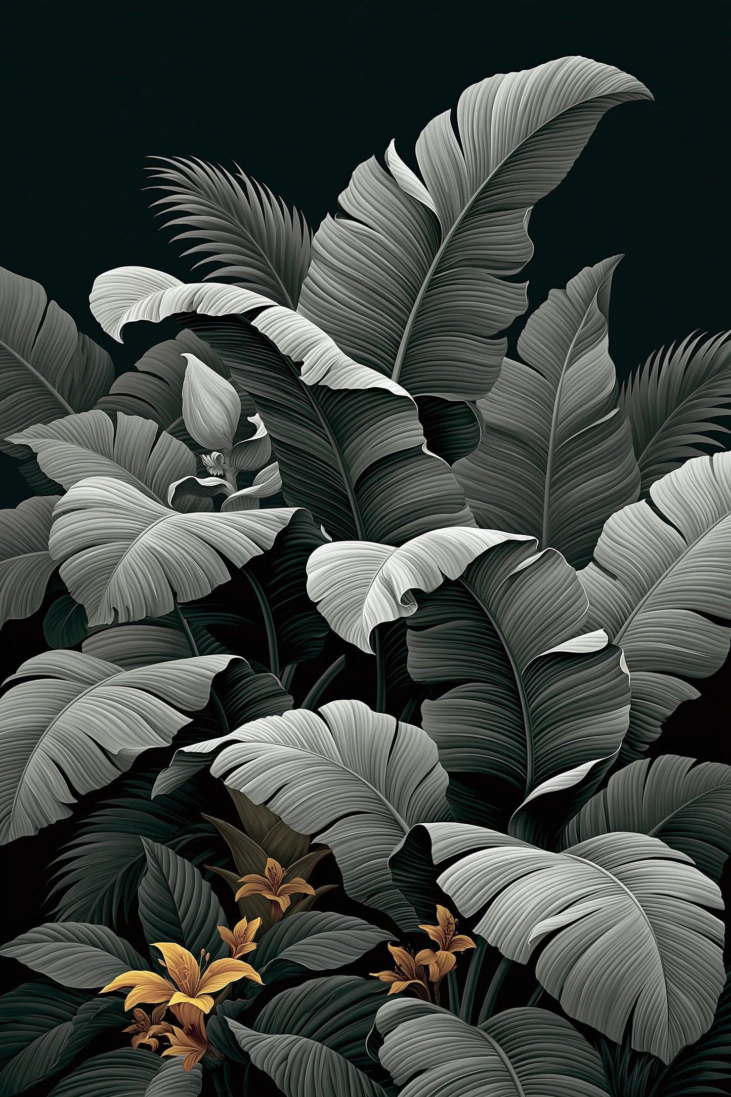 Tableau Tropical Palmes Monochrome - palmes tropicales monochromes en noir, blanc et gris - grand format XXL