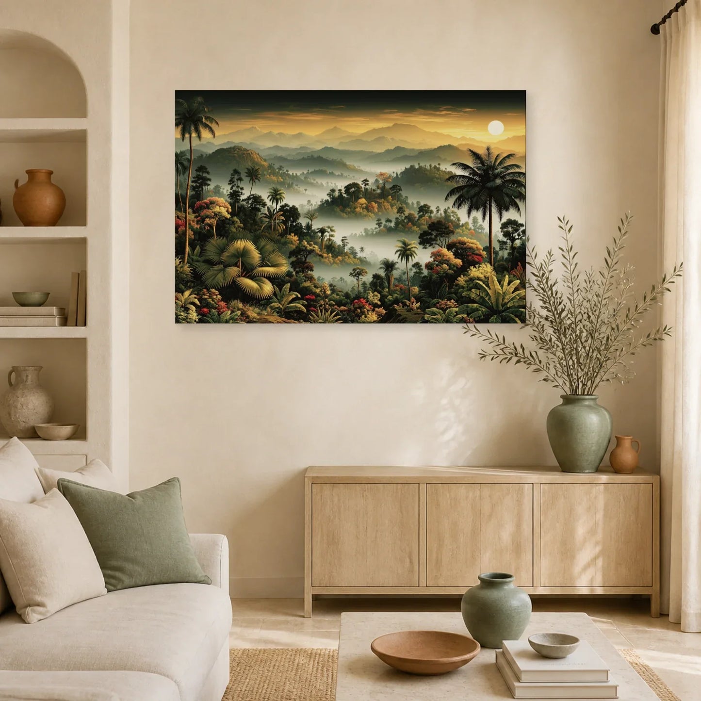 Tableau Tropical Paysage Brume dans un salon contemporain