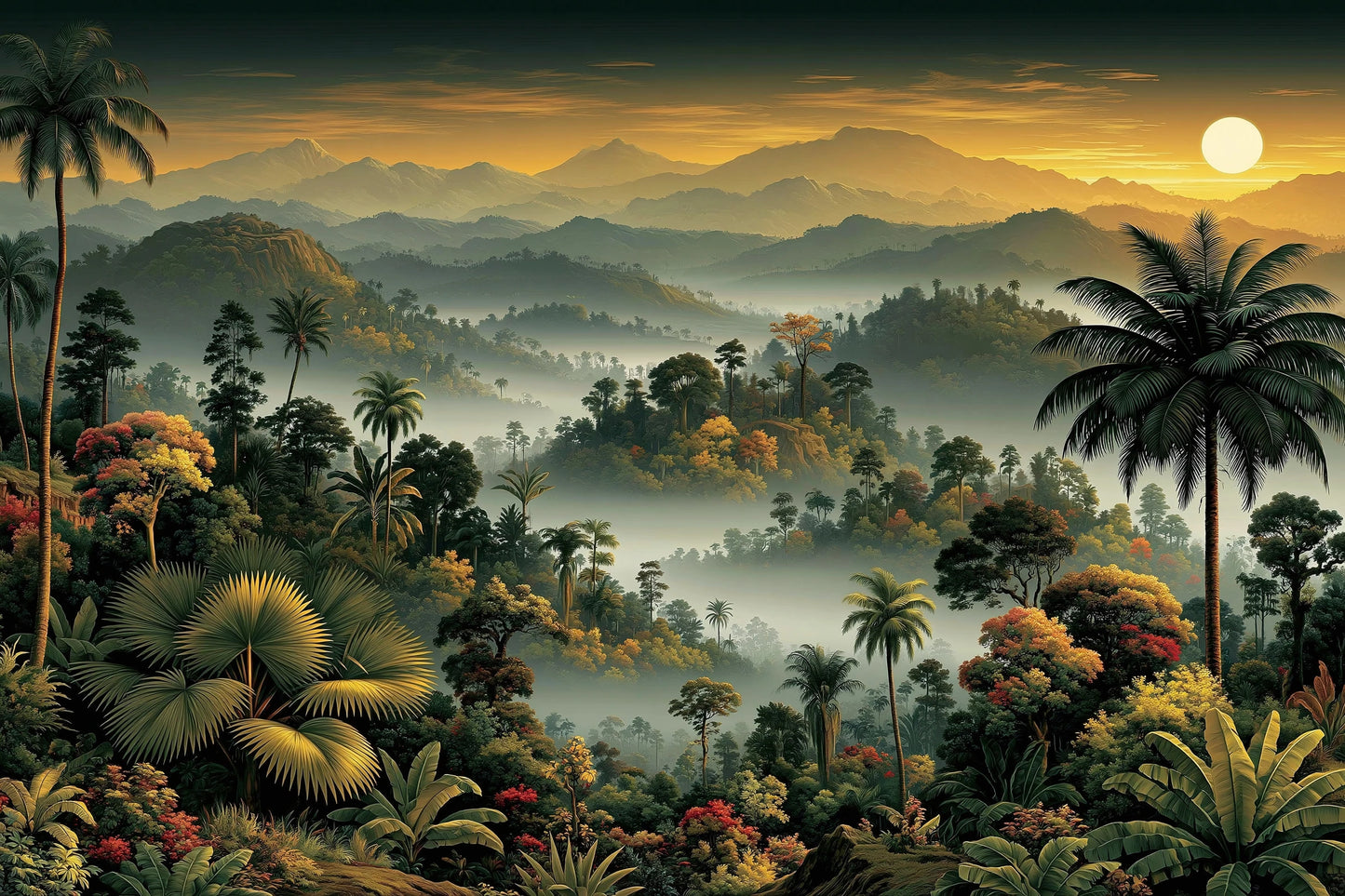 Tableau Tropical Paysage Brume - paysage tropical brumeux avec vallee, palmiers et montagnes - format XL