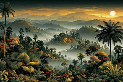Tableau Tropical Paysage Brume - paysage tropical brumeux avec vallee, palmiers et montagnes - format XL
