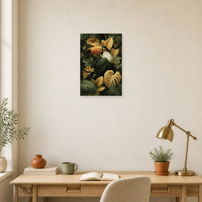 Tableau Tropical Toucan Feuillage Doré dans un bureau elegant